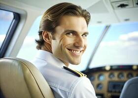 AI generated confident male pilot smiling while sitting in cockpit photo