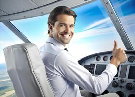 AI generated confident male pilot smiling while sitting in cockpit photo