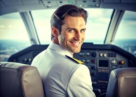 AI generated confident male pilot smiling while sitting in cockpit photo