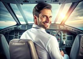 AI generated confident male pilot smiling while sitting in cockpit photo