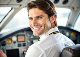 AI generated confident male pilot smiling while sitting in cockpit photo