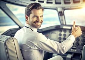 AI generated confident male pilot smiling while sitting in cockpit photo