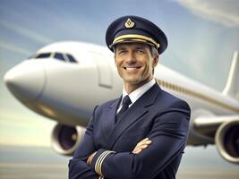 AI generated Confident male pilot in uniform keeping arms crossed and smiling with airplane in the background photo