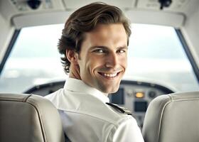 AI generated confident male pilot smiling while sitting in cockpit photo