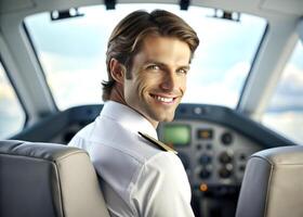 AI generated confident male pilot smiling while sitting in cockpit photo