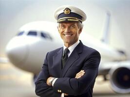 AI generated Confident male pilot in uniform keeping arms crossed and smiling with airplane in the background photo