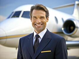 AI generated Confident male pilot in uniform keeping arms crossed and smiling with airplane in the background photo