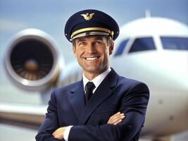 ai generado confidente masculino piloto en uniforme acuerdo brazos cruzado y sonriente con avión en el antecedentes foto