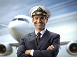 AI generated Confident male pilot in uniform keeping arms crossed and smiling with airplane in the background photo