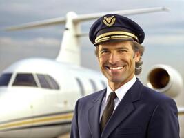 AI generated Confident male pilot in uniform keeping arms crossed and smiling with airplane in the background photo