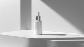 AI generated A pristine white dropper bottle in a bright, airy setting, showcasing a clean and sophisticated design photo