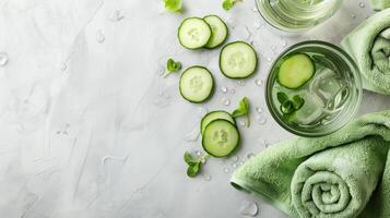 AI generated Fresh cucumber slices and mint leaves are elegantly arranged next to a glass of infused water, evoking a sense of refreshment and natural spa wellness photo