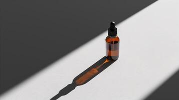 AI generated A striking image featuring an amber glass dropper bottle casting a long shadow over a white surface, embodying minimalistic elegance photo