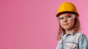 ai generado un joven niño se pone un difícil sombrero y la seguridad gafas de protección, encarnando el espíritu de aprendizaje y curiosidad en Ingenieria y construcción foto