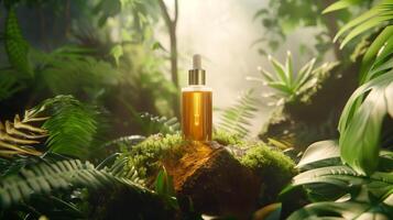 AI generated Sustainable skincare product showcased in a natural, lush forest environment, emphasizing eco-conscious beauty photo