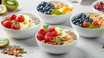 AI generated Freshly prepared fruit and yogurt bowls with a variety of berries, seeds, and nuts, offering a delicious and nutritious start to the day. photo