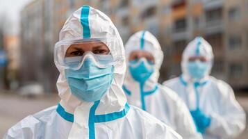 AI generated Dedicated healthcare professionals in PPE gear stand ready to combat a health crisis, representing resilience and commitment. photo