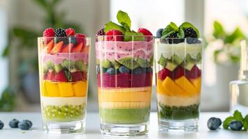 AI generated refreshing fruit parfaits with vibrant layers of fresh berries, mango, kiwi, and smoothie, garnished with mint, offering a healthy and colorful treat photo