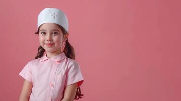 AI generated A young girl with braided hair wears a traditional nurse's cap and a pink uniform, her gentle smile conveying a future of compassionate care photo