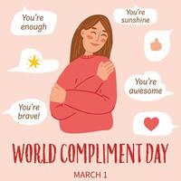 Concept of World Compliment Day. Hand drawn illustration of woman hugging herself. vector