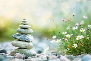 AI generated A perfectly balanced stack of smooth river stones in a peaceful garden, symbolizing stability and peace, with a backdrop of delicate wildflowers and soft light. photo