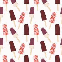 Strawberry and chocolate popsicle ice cream on a stick. Seamless pattern in vector flat style.