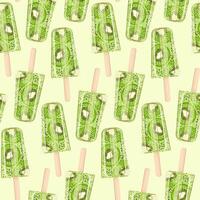 Seamless repeat pattern of kiwi ice cream fruity juice illustration. Sweet dessert for summer or holiday, summer menu design, hand drawn pattern of tasty treat. vector