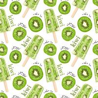 Seamless pattern with kiwi ice cream on stick and kiwi on white background. Trendy hand drawn design for wrapping paper, textile, packaging. Hand drawn print. Sweet summer dessert. vector