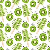 Seamless pattern with kiwi ice cream on stick and kiwi on white background. Trendy hand drawn design for wrapping paper, textile, packaging. Hand drawn print. Sweet summer dessert. vector