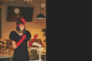 Cute event host woman, wedding presenter in black red vintage style photo