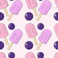 Raspberry, strawberry, cherry or blueberry ice cream on a wooden stick and blueberry. Cartoon outline style. Vector seamless pattern.