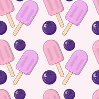 Raspberry, strawberry, cherry or blueberry ice cream on a wooden stick and blueberry. Cartoon outline style. Vector seamless pattern.