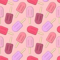 Seamless pattern with ice cream isolated on pink background. Colorful ice cream on stick. Hand painted sweet summer dessert illustration. vector