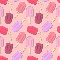 Seamless pattern with ice cream isolated on pink background. Colorful ice cream on stick. Hand painted sweet summer dessert illustration. vector