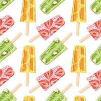 Fruit ice cream on a stick. Orange, kiwi and strawberry. Seamless pattern in vector flat style. Bright, summer juicy background.