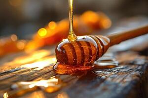 AI generated closeup of honey flowing down a wooden honey spoon on wooden background photo