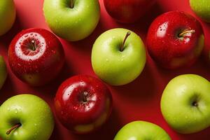 AI generated delicious ripe red and green apples fruits on a red background top view photo
