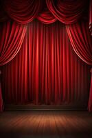 AI generated vertical scene background, red curtain on stage of theater or cinema slightly ajar photo