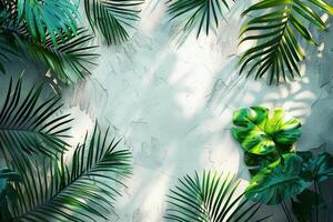 AI generated green tropical leaves cast a shadow on the background of the white wall with copy space photo