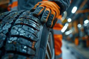 AI generated A man in orange work clothes and protective gloves rolls car tire through the factory warehouse. photo