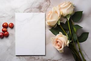 ai generado Bosquejo blanco blanco papel sábana con blanco rosas flores en mármol antecedentes parte superior vista, modelo vacío tarjeta plano laico para diseño con Copiar espacio foto