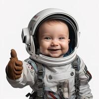 AI generated baby astronaut in a spacesuit smiling and showing thumbs up on transparent background photo