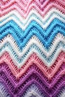 AI generated vertical top view pastel knitted wool fabric macro texture background, weave patterned surface photo