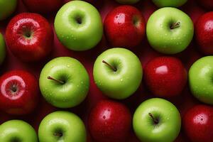 AI generated many delicious ripe red and green apples fruits on a red background top view photo