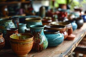 AI generated Closeup image of a clay pot glazed decoratively on a table in a workshop photo