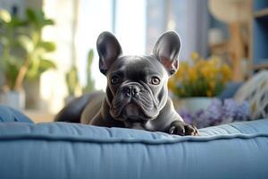AI generated Cute gray french bulldog lies on soft gray sofa on blurred living room background photo