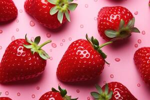 AI generated closeup delicious ripe red strawberries on a pastel pink background top view photo