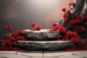 AI generated stone platform podium with little red roses flowers on blurred background, template for montage or product presentation photo