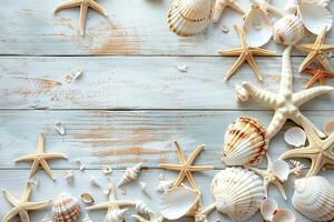 AI generated collection of various seashells and starfish on a white painted wooden background top view with copy space photo