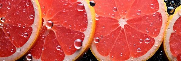 AI generated closeup ripe fresh sliced red grapefruit in drops of water top view banner photo